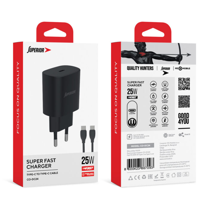 Kucni punjac Superior CO-DC24 Fast PD 25W 3A Type C na Type C crni - Slika 3