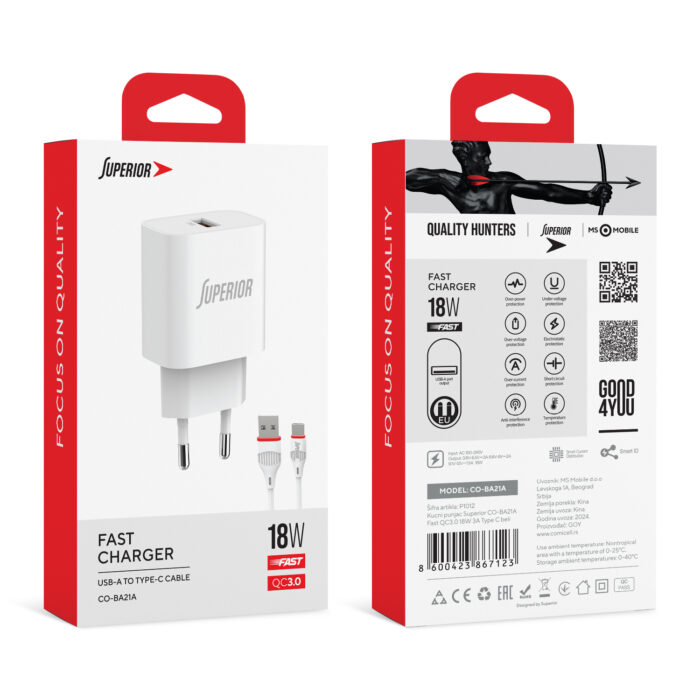 Kucni punjac Superior CO-BA21A Fast QC3.0 18W 3A Type C beli - Slika 3