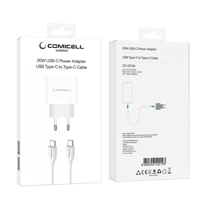 Kucni punjac Comicell Superior CO-DC56 Fast PD 20W 3A Type-C na Type-C beli (CERT) - Slika 4
