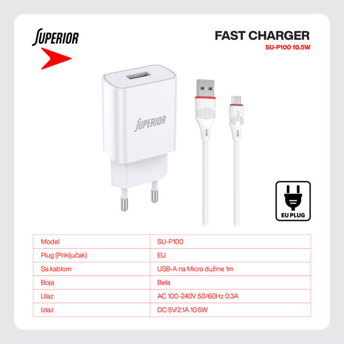 Kucni punjac Superior SU-P100 10.5W 2.1A Micro beli - Slika 4