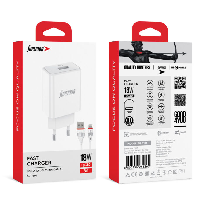 Kucni punjac Superior SU-P101 Fast QC3.0 18W 3A Lightning beli - Slika 3