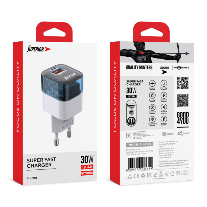 Kuciste punjaca Superior SU-P105 30W Super Fast USB A QC3.0+Type C belo - Slika 2