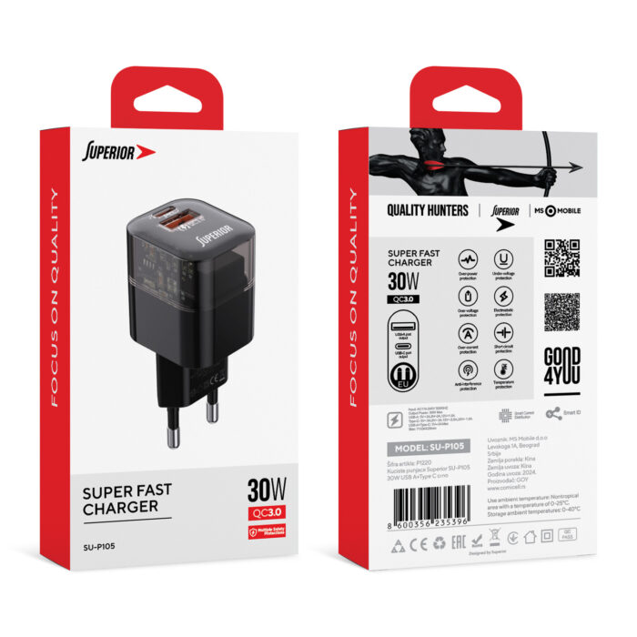 Kuciste punjaca Superior SU-P105 30W Super Fast USB A QC3.0+Type C crno - Slika 2