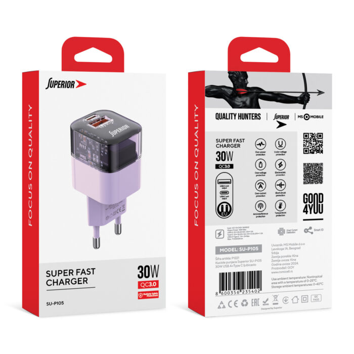 Kuciste punjaca Superior SU-P105 30W Super Fast USB A QC3.0+Type C ljubicasto - Slika 2