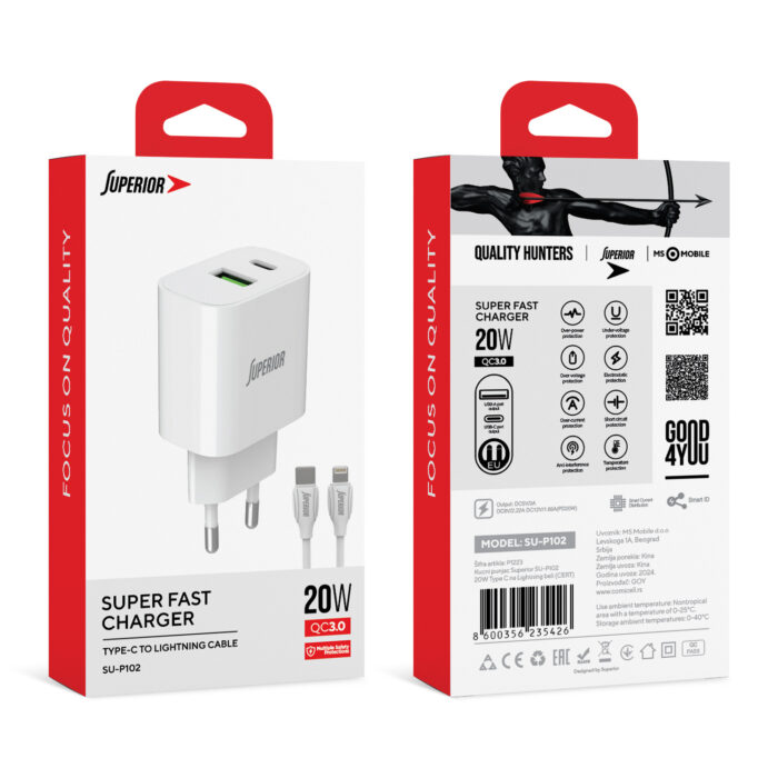 Kucni punjac Superior SU-P102 20W Super Fast USB A QC3.0+Type C sa Type C na Lightning kablom beli (CERT) - Slika 3