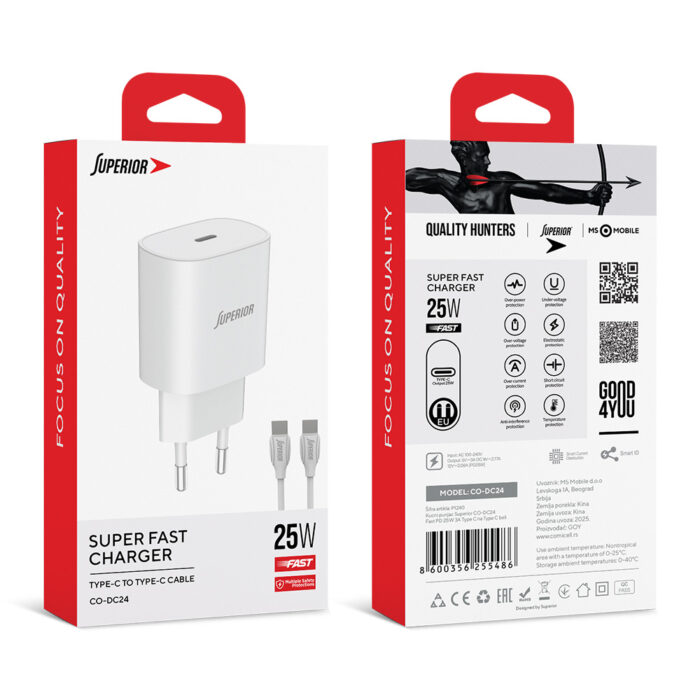 Kućni punjač Superior CO-DC24 Fast PD 25W 3A Type C na Type C beli - Slika 3