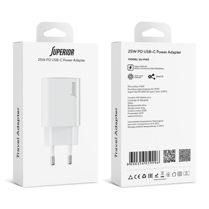 Kuciste punjaca Superior SU-P103 Super Fast PD 25W 3A Type C belo (CERT) - Slika 4
