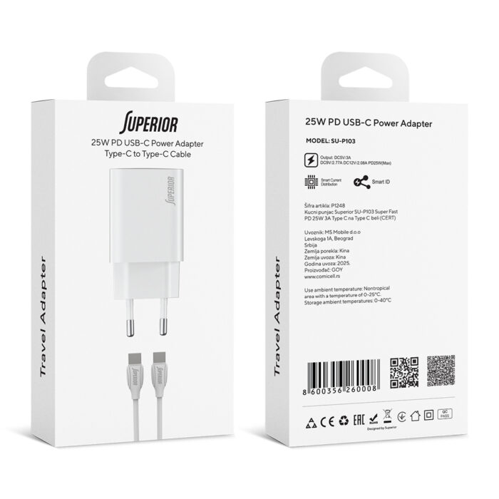 Kucni punjac Superior SU-P103 Super Fast PD 25W 3A Type C na Type C beli (CERT) - Slika 3