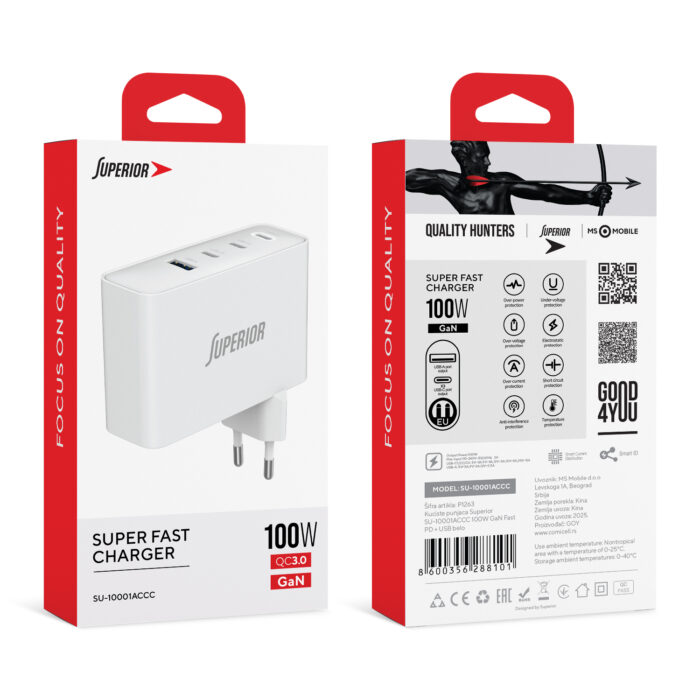 Kuciste punjaca Superior SU-10001ACCC 100W 5A GaN Fast PD + USB belo - Slika 3