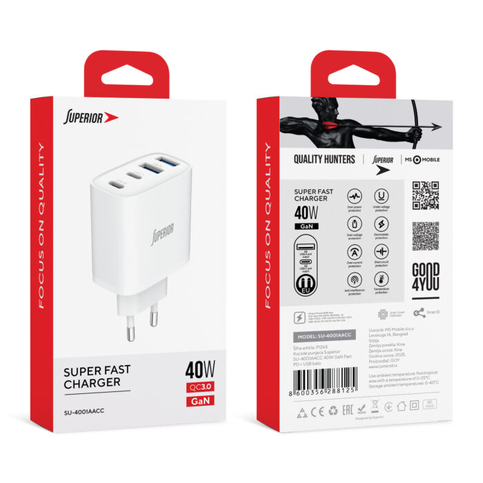 Kuciste punjaca Superior SU-4001AACC 40W 3A GaN Fast PD + USB belo - Slika 3