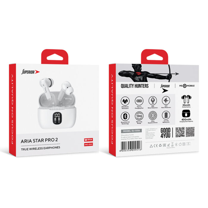 Slusalice bluetooth Superior Aria Star Pro 2 ANC+ENC bele - Slika 2