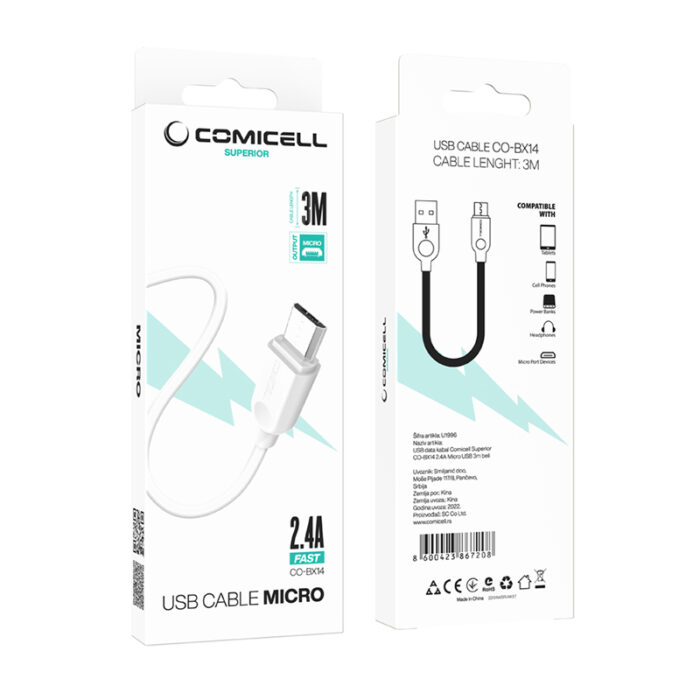 USB data kabal Comicell Superior CO-BX14 2.4A Micro USB 3m beli - Slika 6