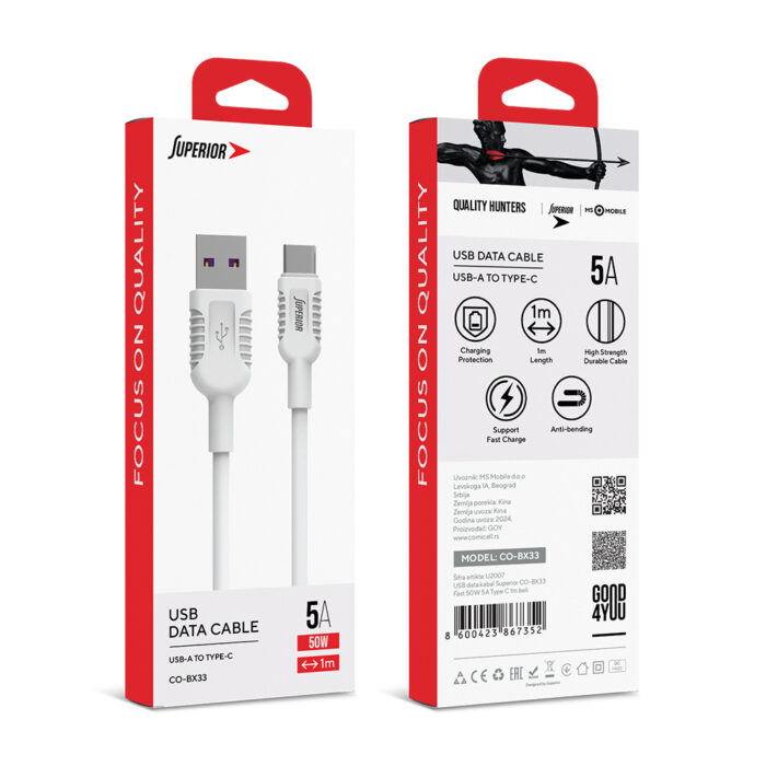USB data kabal Superior CO-BX33 Fast 50W 5A Type C 1m beli - Slika 5