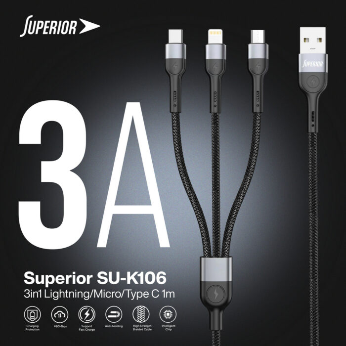 USB data kabal Superior SU-K106 3in1 Lightning/Micro/Type C 1m crni - Slika 4