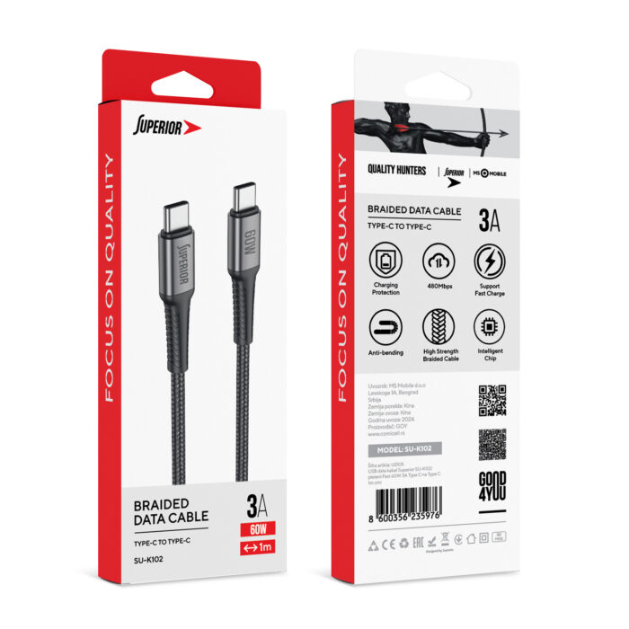 USB data kabal Superior SU-K102 pleteni Fast 60W 3A Type-C na Type-C 1m crni - Slika 4