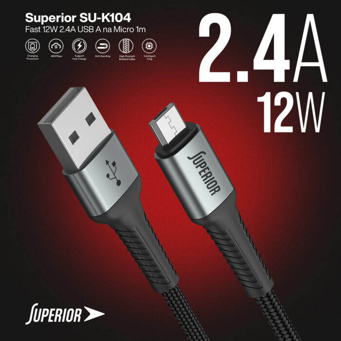 USB data kabal Superior SU-K104 pleteni Fast 12W 2.4A USB A na Micro 1m crni - Slika 5
