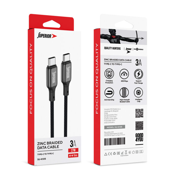 USB data kabal Superior SU-K105 Cink 60W 3A Type-C na Type-C 1m crni - Slika 5