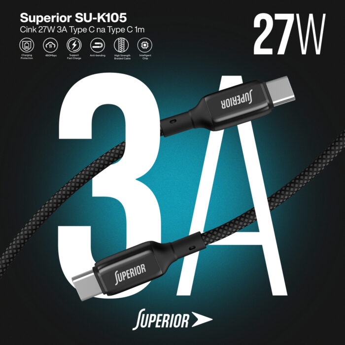 USB data kabal Superior SU-K105 Cink 60W 3A Type-C na Type-C 1m crni - Slika 6