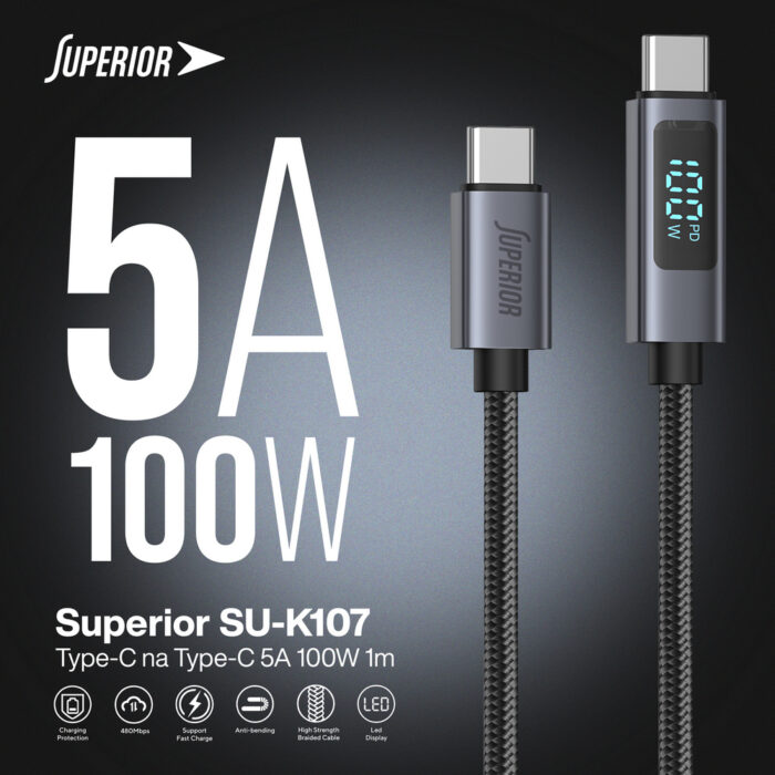 USB data kabal Superior SU-K107 pleteni 100W 5A Type-C na Type-C sa LED ekranom 1m crni - Slika 3