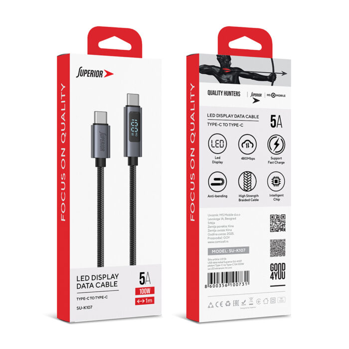 USB data kabal Superior SU-K107 pleteni 100W 5A Type-C na Type-C sa LED ekranom 1m crni - Slika 4