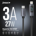 USB data kabal Superior SU-K107 pleteni 27W 3A Type-C na Lightning sa LED ekranom 1m crni - Slika 3