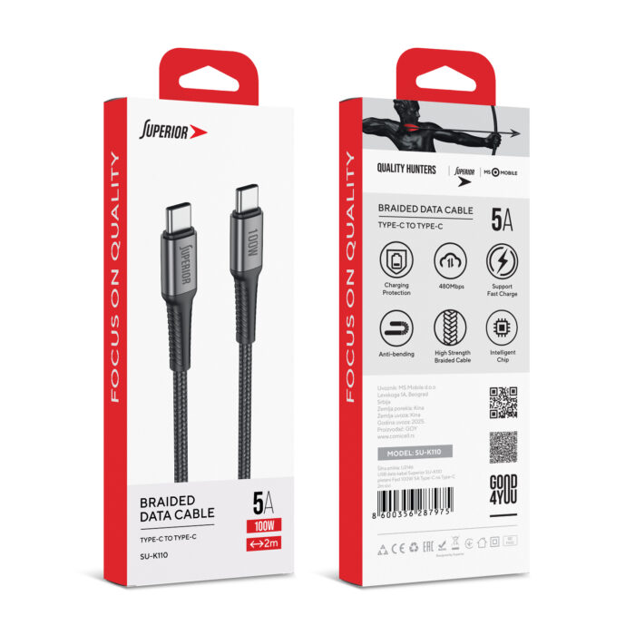 USB data kabal Superior SU-K110 pleteni Fast 100W 5A Type-C na Type-C 2m sivi - Slika 4