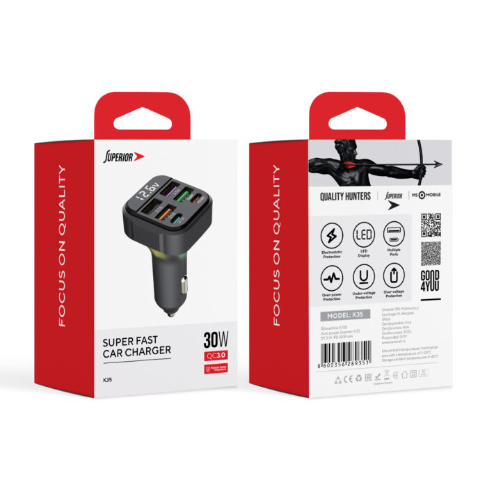 SUPERIOR brzi auto punjač PD 30W 6 portova QC 3.0 - Slika 2