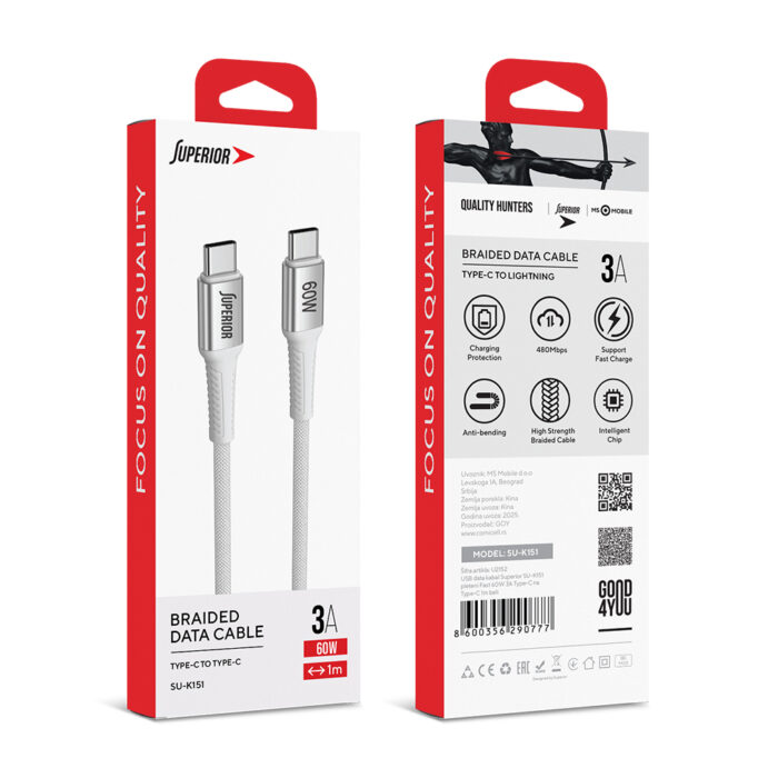 USB data kabal Superior SU-K151 pleteni Fast 60W 3A Type-C na Type-C 1m beli - Slika 4