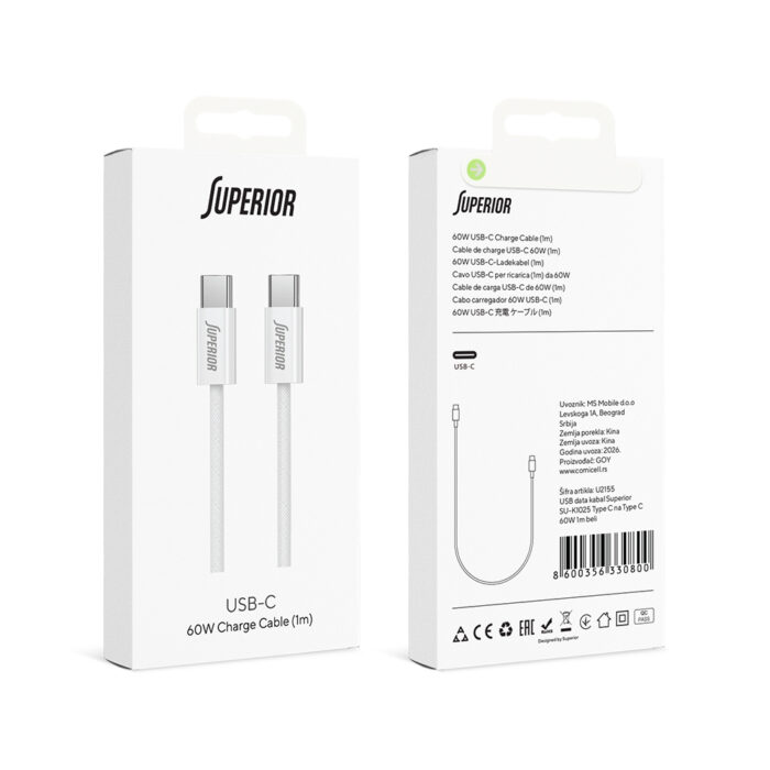 USB data kabal Superior SU-K1025 Type C na Type C 60W 1m beli - Slika 2