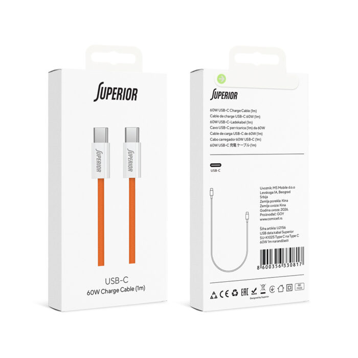 USB data kabal Superior SU-K1025 Type C na Type C 60W 1m narandžasti - Slika 2