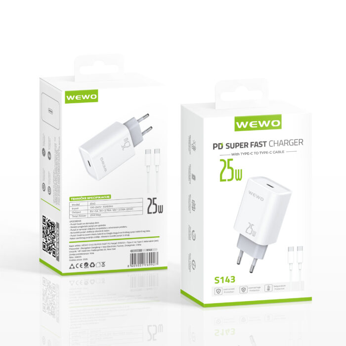 WEWO brzi punjač 25W za Samsung / iPhone beli + Type-C kabl - Slika 3