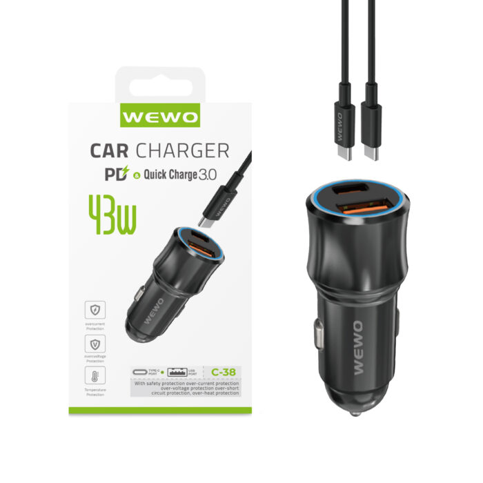 WEWO brzi auto punjač 25W + 18W sa Type C kablom - Slika 3