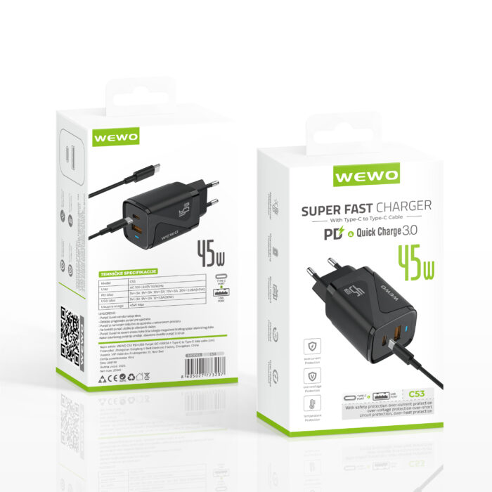 WEWO brzi punjač 45W za Samsung crni + kabl Type C - Slika 4